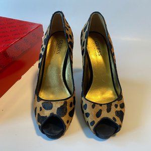GUESS Leopard Patterned Pony Hair Peep Toe Heels